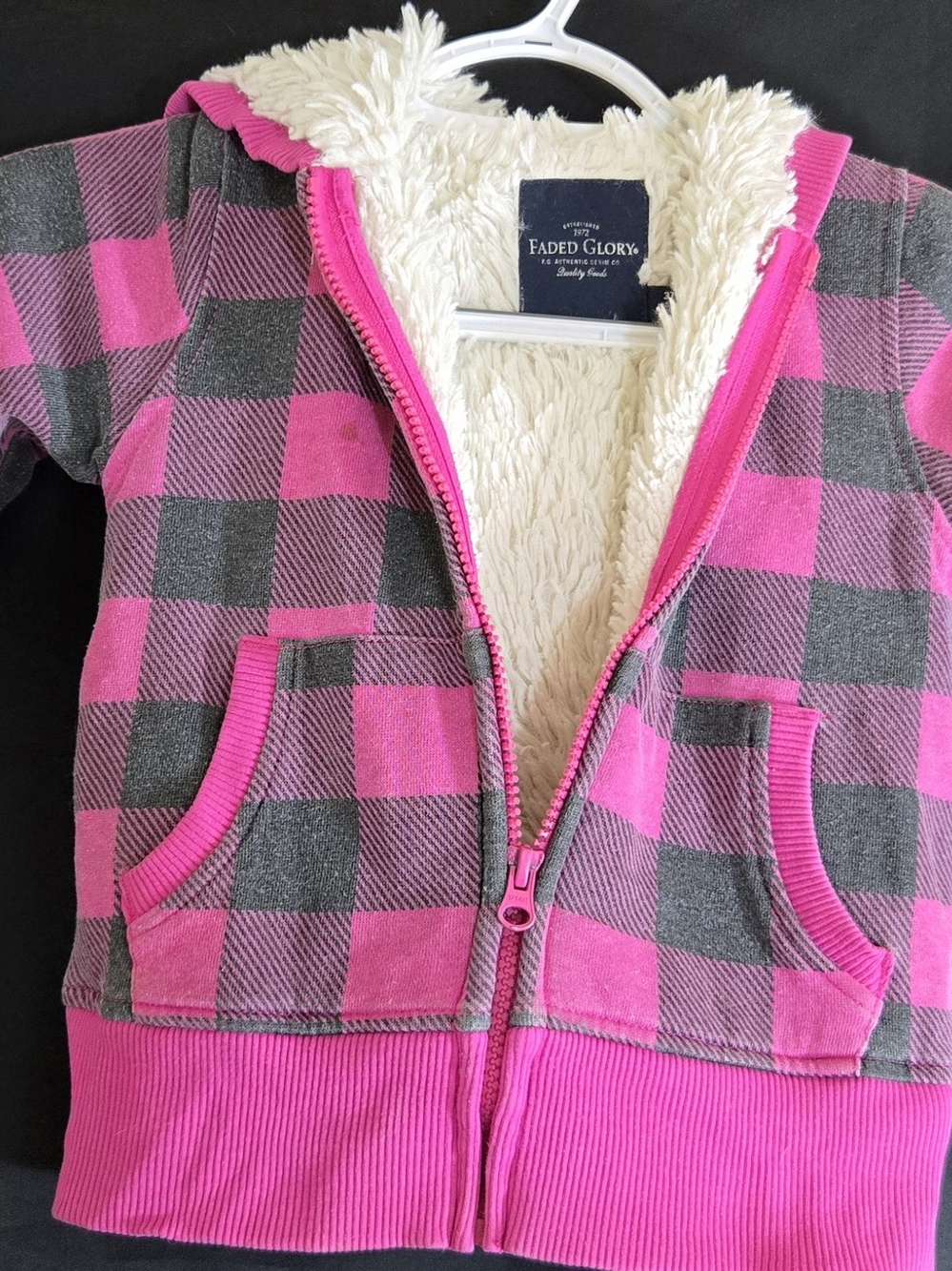 Faded Glory Pink and Gray Plaid Sherpa Zip Hoodie #491